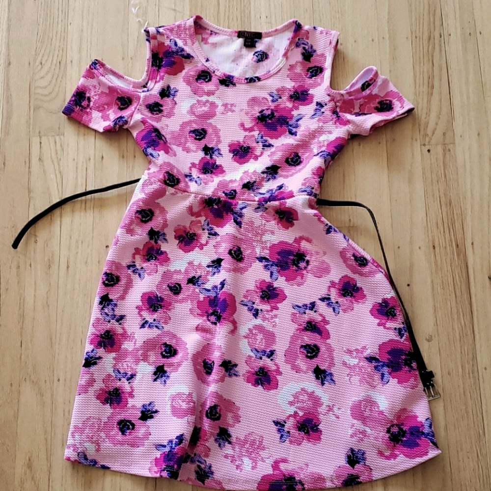 Pink floral dress with black belt by NYC
